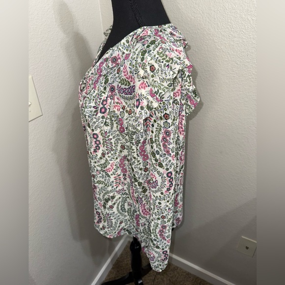 LOFT Pink and Green Petite Floral Scalloped Ruffle Cottagecore Blouse- Large - Picture 4 of 8